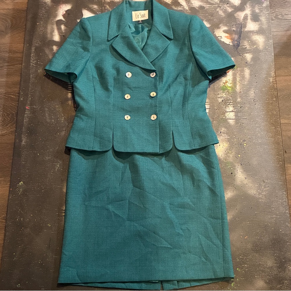 Le Suit Turquoise Double-Breasted Skirt Suit